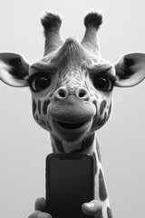 Obraz premium playful and adorable of a giraffe holding a smartphone. The giraffe has a cute smile, big eyes, and the smartphone in its hand is aimed at the viewer, adding lighthearted, modern touch to the animal'
