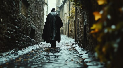 A person in a rain poncho walking through a narrow alleyway, with water running along the cobbled path.
