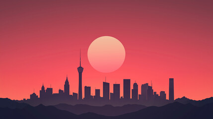 Fototapeta premium Urban Skyline Minimalist Illustration at Sunset
