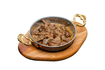 A type of roasted meat dish specific to Turkish cuisine, served on an isolated white background.