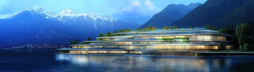 Fototapeta premium Modern architectural design by a lakeside with mountains in the background.