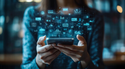 Mobile app user interacting with digital financial data and analytics, showcasing fintech services and microloans through technology