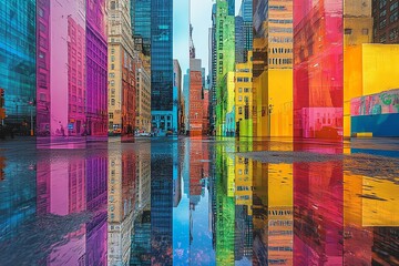 Obraz premium Vibrant city street scene reflected in a puddle, showcasing colorful buildings and modern architecture.