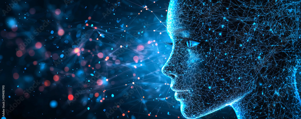 Sticker digital representation of human face made of interconnected lines and dots, symbolizing technology a