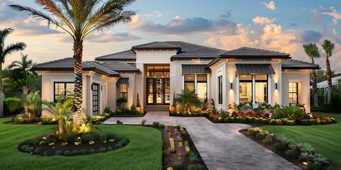 A modern villa exterior with a sleek and contemporary design with clean lines and large windows in Florida. Tropical landscaping with palm trees, colorful flowers, and lawns, 3D render