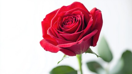 Naklejka premium Beautiful Red Rose Flower Blooming with Delicate Petals and Green Leaves Against Soft Background, Perfect for Romantic Themes or Nature Photography Projects