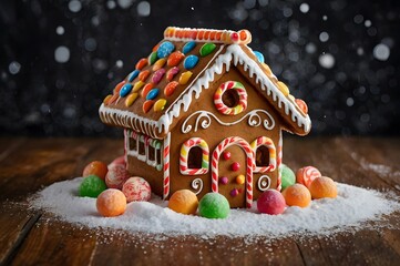 A gingerbread house with colorful candies and powdered sugar snow.