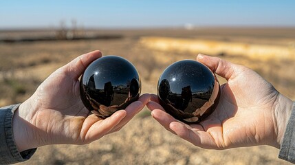 Fueling the Future: Oil, Fossil, and Energy Stocks. A person holds two shiny black spheres in their hands, with a blurred landscape in the background, reflecting the environment.