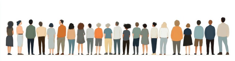 Obraz premium Diverse People Standing Together in Line with Varied Clothing Styles and Skin Tones