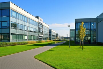 Modern office buildings with green landscaping and a clear blue sky.