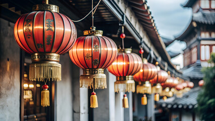 Hanging Red and Gold Lanterns with Blurred Gradient Background. Perfect for: Lantern Festival, Chinese New Year