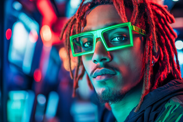 Vibrant neon lights surround individual wearing futuristic green glasses