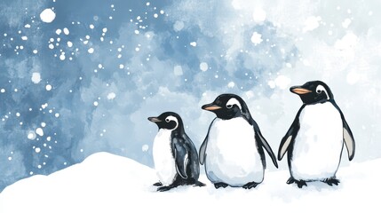 Obraz premium Celebrating World penguin day with playful penguins in a winter snow scene. Horizontal banner. Copy space. Family of penguins on a snowy background. World Wildlife Day. Watercolor illustration