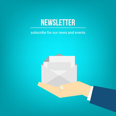 Newsletter. vector illustration of email marketing. subscription to newsletter, news, offers, promotions. a letter and envelope. subscribe, submit. send by mail.	