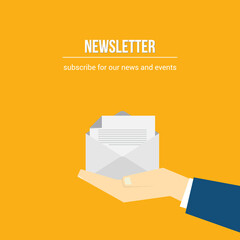 Newsletter. vector illustration of email marketing. subscription to newsletter, news, offers, promotions. a letter and envelope. subscribe, submit. send by mail.	