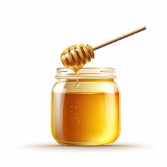 A jar of golden honey with a honey dipper, showcasing a sweet and natural food product, perfect for culinary uses and health benefits.