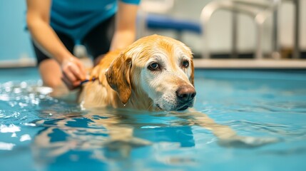 A physical therapist helping a dog with a leg injury perform water therapy in a rehabilitation pool.
