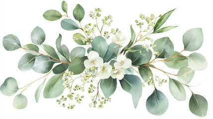 Obraz premium beautiful arrangement of soft green eucalyptus leaves and delicate white flowers, creating serene and calming atmosphere. Perfect for nature inspired decor