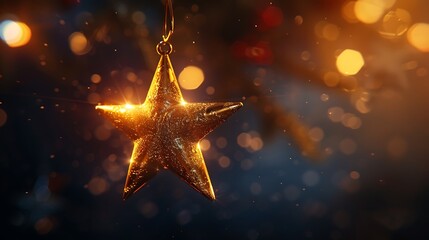 A golden star suspended mid-air, its edges glowing softly under soft backlighting.