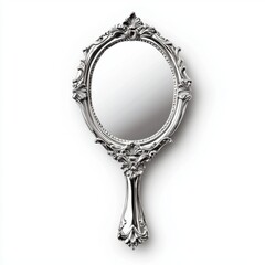 A vintage hand mirror with an ornate silver frame, reflecting light, showcasing elegant craftsmanship and timeless beauty.
