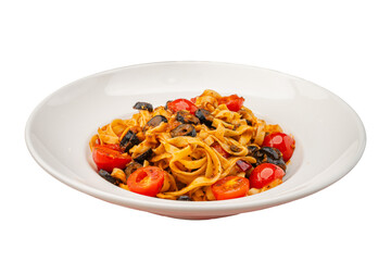 Arabiata pasta is a type of homemade pasta dish served on an isolated white background.