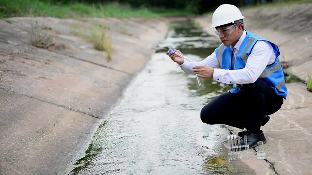 Expert environmentalist is monitoring the cleanliness of the industrial facility and collecting water samples for laboratory and scientific testing.