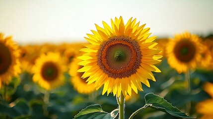 Fototapeta premium Natural Ripe Landscape, Vibrant Sunflower Field Stretching to the Horizon Under a Clear Summer Sky
