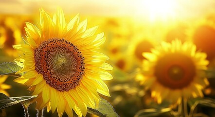 Obraz premium sunflowers flowers in sunlight rays vibrant yellow sunny field