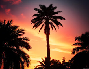 Tropical Sunset with Silhouetted Giant Palm Trees