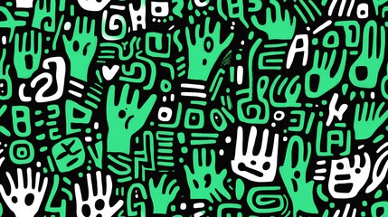 Hand symbols seamless pattern in mint green
