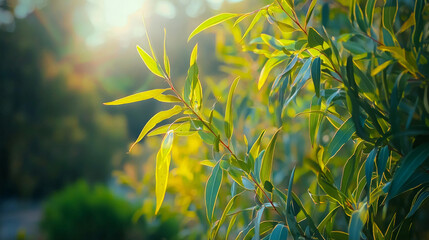 Vibrant green eucalyptus branches illuminated by sunlight create serene and organic atmosphere. delicate leaves showcase nature beauty and tranquility