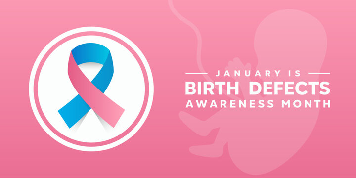 January Is Birth Defects Awareness month. Ribbon and baby. Great for cards, banners, posters, social media and more. Pink background. 