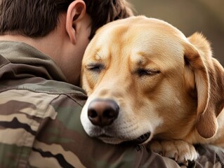 A PTSD service dog comforting a veteran during a panic attack, staying close and providing a calming presence.