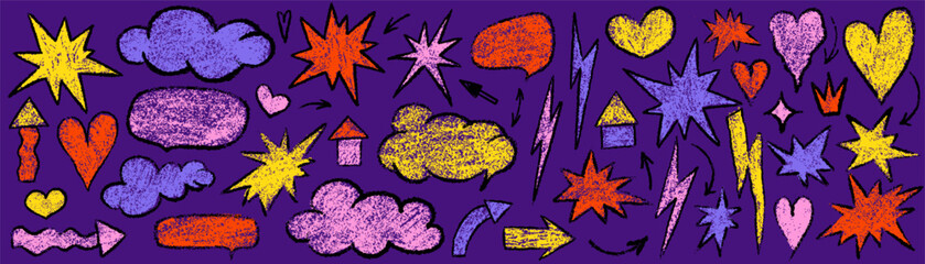 Hand drawn star, lightning and heart scribble crayon set. Squiggle, scratch doodle kid figure isolated. Crayon scratch texture shape children kid naive. Vector illustration