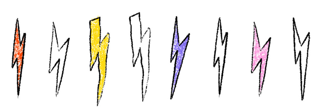 Naklejki Crayon scribble lightning set. Hand drawn lightning texture crayon. Vector illustration