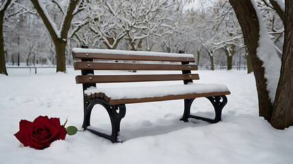 A park bench covered in fresh snow with a single red rose placed on the seat, surrounded by trees adorned with heart-shaped decorations.