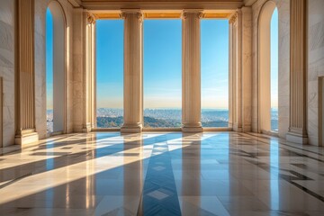 Fototapeta premium Empty marble floors and city views under the blue sky generative ai
