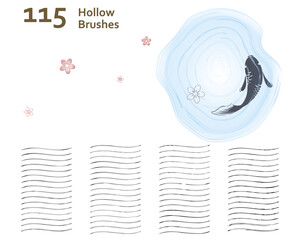 Set of 115 art brushes texture for water ripple effect style and pattern. Compatible with Adobe Illustrator CS6 and above.