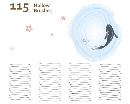 Set of 115 art brushes texture for water ripple effect style and pattern. Compatible with Adobe Illustrator CS6 and above.
