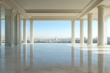Empty marble floors and city views under the blue sky generative ai