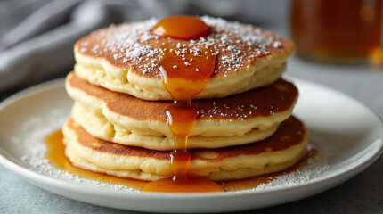 Fluffy pancakes stacked high, golden brown with a light, airy texture. Topped with fresh berries, maple syrup, and powdered sugar, served with whipped cream.