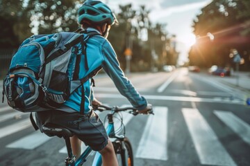 Schoolboy with backpack rides a bike on a crosswalk on his way to school on a sunny morning