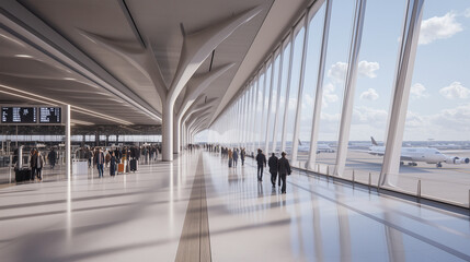 Busy Airport Terminal with Travelers and Airplanes