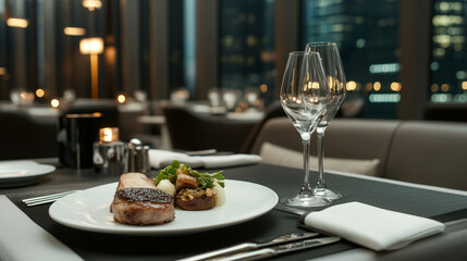 Fototapeta premium Gourmet Dishes in Elegant Restaurant Setting with Ambience