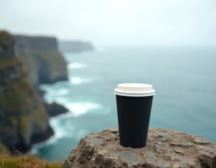 Eco-friendly coffee cup overlooking majestic cliffs, environment and sustainability concept