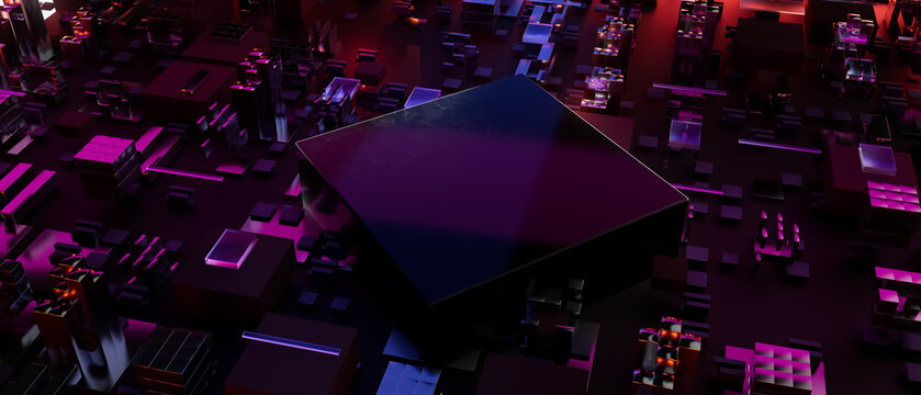 A computer chip is shown in a dark room with a purple hue