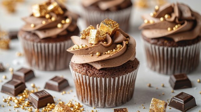 Close-up of chocolate cupcakes topped with golden sprinkles and edible gold leaf. AI generative. .