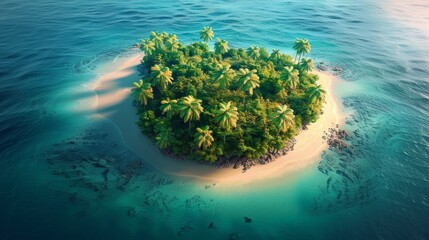 Aerial view of a tropical island with palm trees and a sandy beach surrounded by turquoise water. AI generative. .