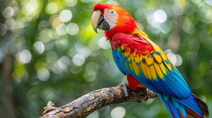 Obraz premium A colorful macaw parrot perches on a branch with a blurred green background. AI generative. .
