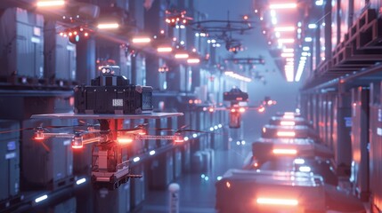 Fototapeta premium Futuristic Drone Warehouse with Neon Lights